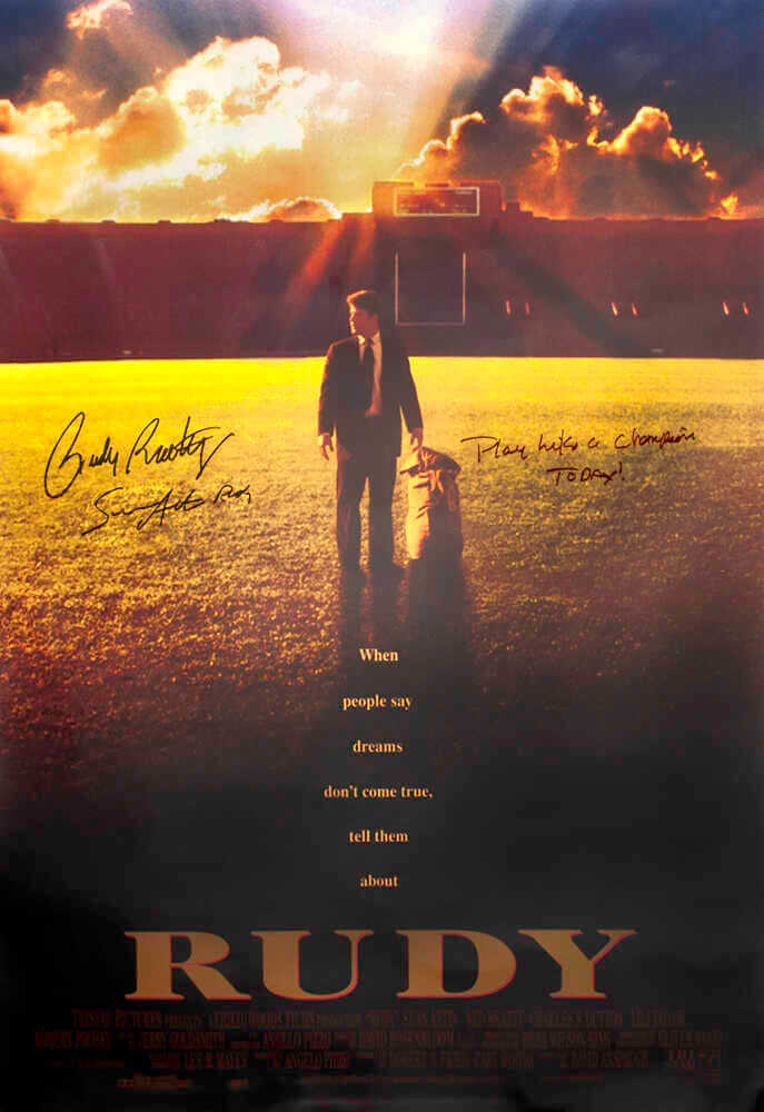 Sean Astin & Rudy Ruettiger Dual Signed Rudy 27x40 Full Size Movie Poster w/Play Like A Champion Today, Rudy