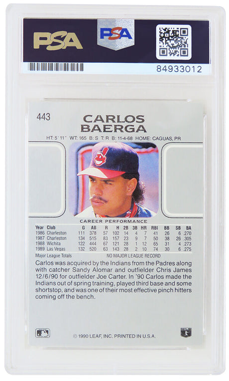 Carlos Baerga Signed Cleveland Indians 1990 Leaf Rookie Baseball Card #443 - (PSA Encapsulated)