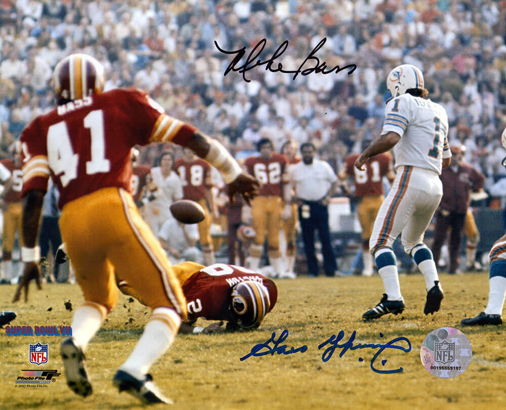 Garo Yepremian & Mike Bass Dual Signed Dolphins vs Washington Super Bowl VII Action 8x10 Photo