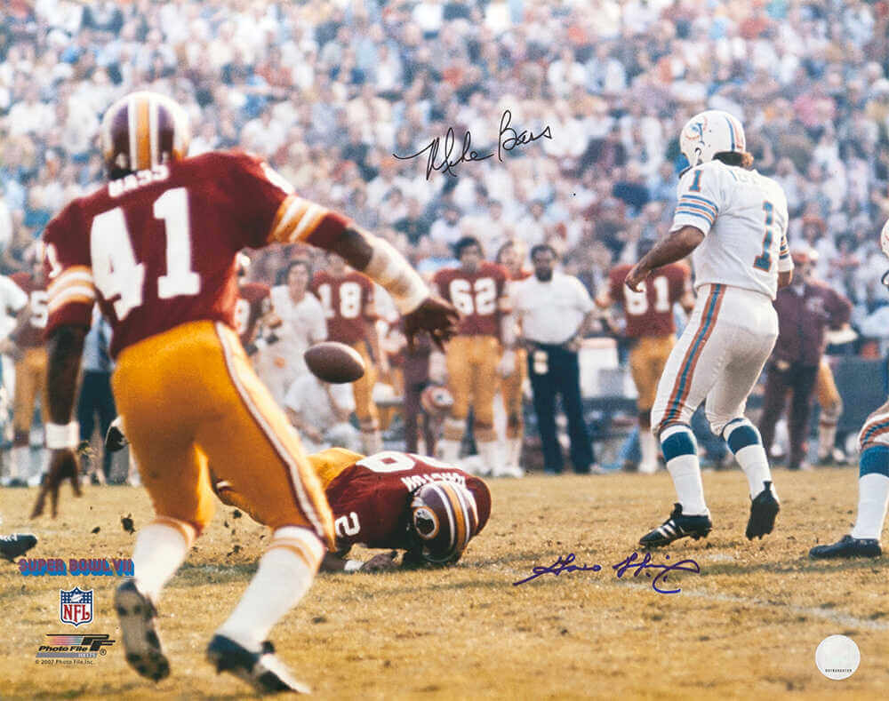 Garo Yepremian & Mike Bass Dual Signed Dolphins vs Washington Super Bowl VII Action 16x20 Photo