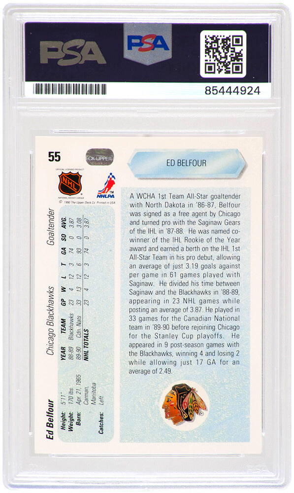 Ed Belfour Signed Chicago Blackhawks 1990-91 Upper Deck Hockey Rookie Card #55 - (PSA Encapsulated)