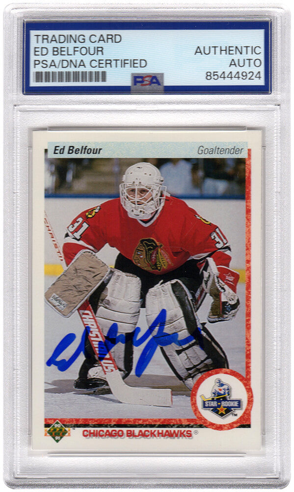 Ed Belfour Signed Chicago Blackhawks 1990-91 Upper Deck Hockey Rookie Card #55 - (PSA Encapsulated)