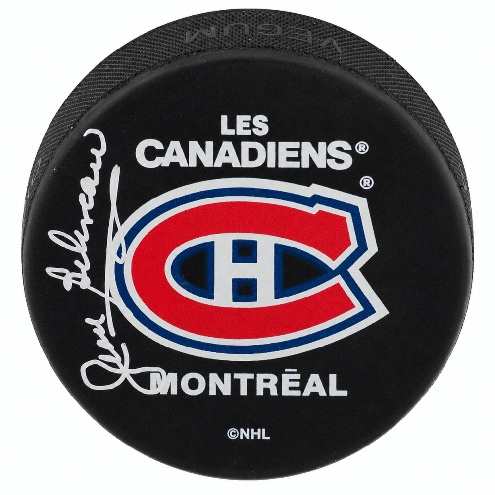 Jean Beliveau Signed Montreal Canadiens (Les Canadiens) Official Logo Hockey Puck - (PSA)