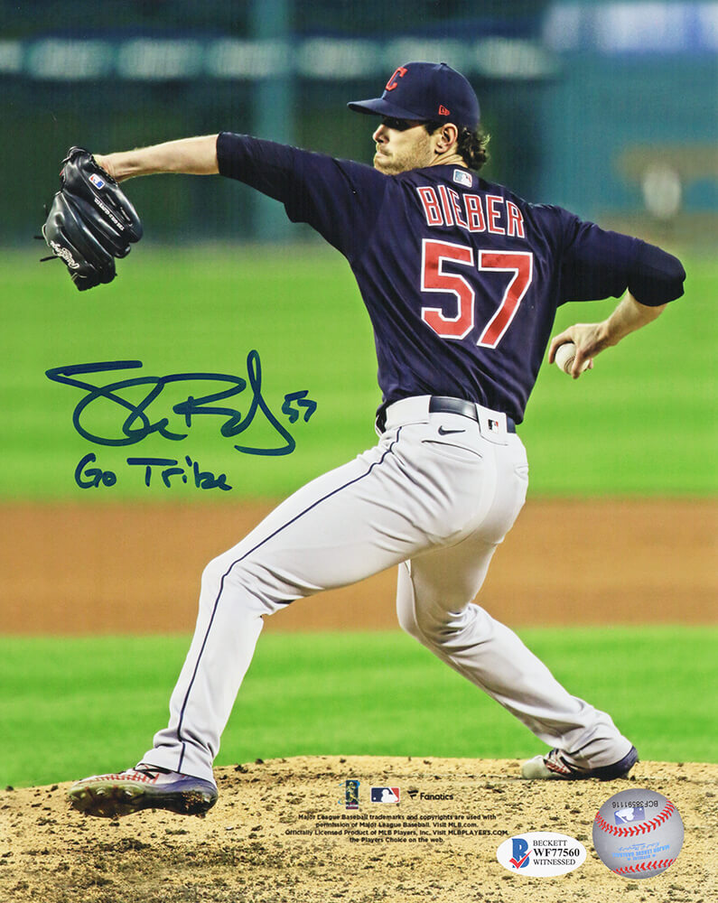 Shane Bieber Signed Cleveland Indians Pitching 8x10 Photo w/Go Tribe (Beckett)