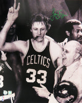Larry Bird Signed Boston Celtics Cigar Celebration With Red Auerbach B&W 16x20 Photo