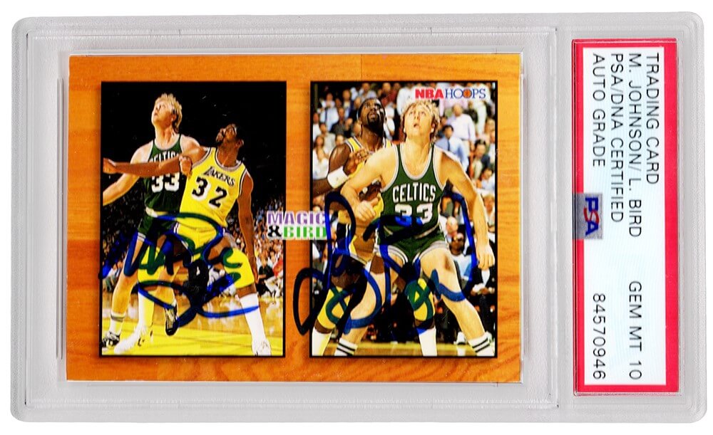 Larry Bird & Magic Johnson Dual Signed Celtics / Lakers 1994 NBA Hoops Card #MB1 - (PSA Encapsulated / Auto Grade 10)