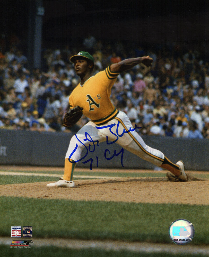Vida Blue Signed Oakland A's Yellow Jersey Pitching 8x10 Photo w/71 CY