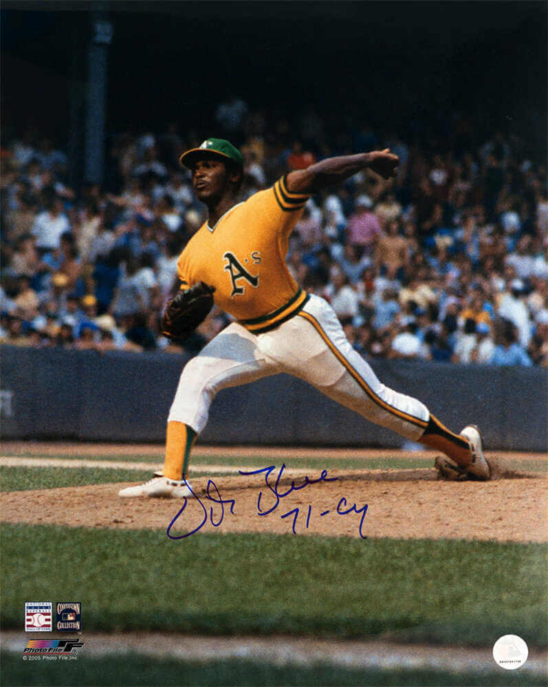 Vida Blue Signed Oakland A's Yellow Jersey Pitching Action 16x20 Photo w/71 CY