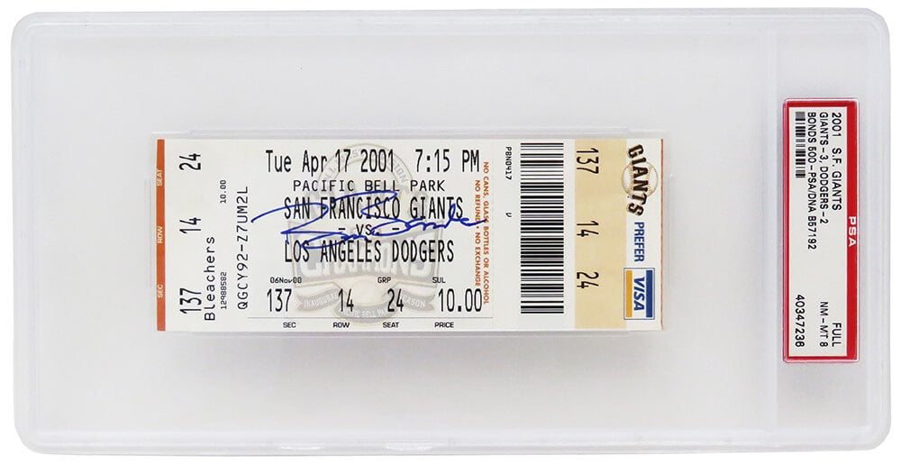 Barry Bonds Signed San Francisco Giants vs Los Angeles Dodgers April 17, 2001 Ticket Stub (Bonds' 500th HR Game) - (PSA / NM-MT 8)