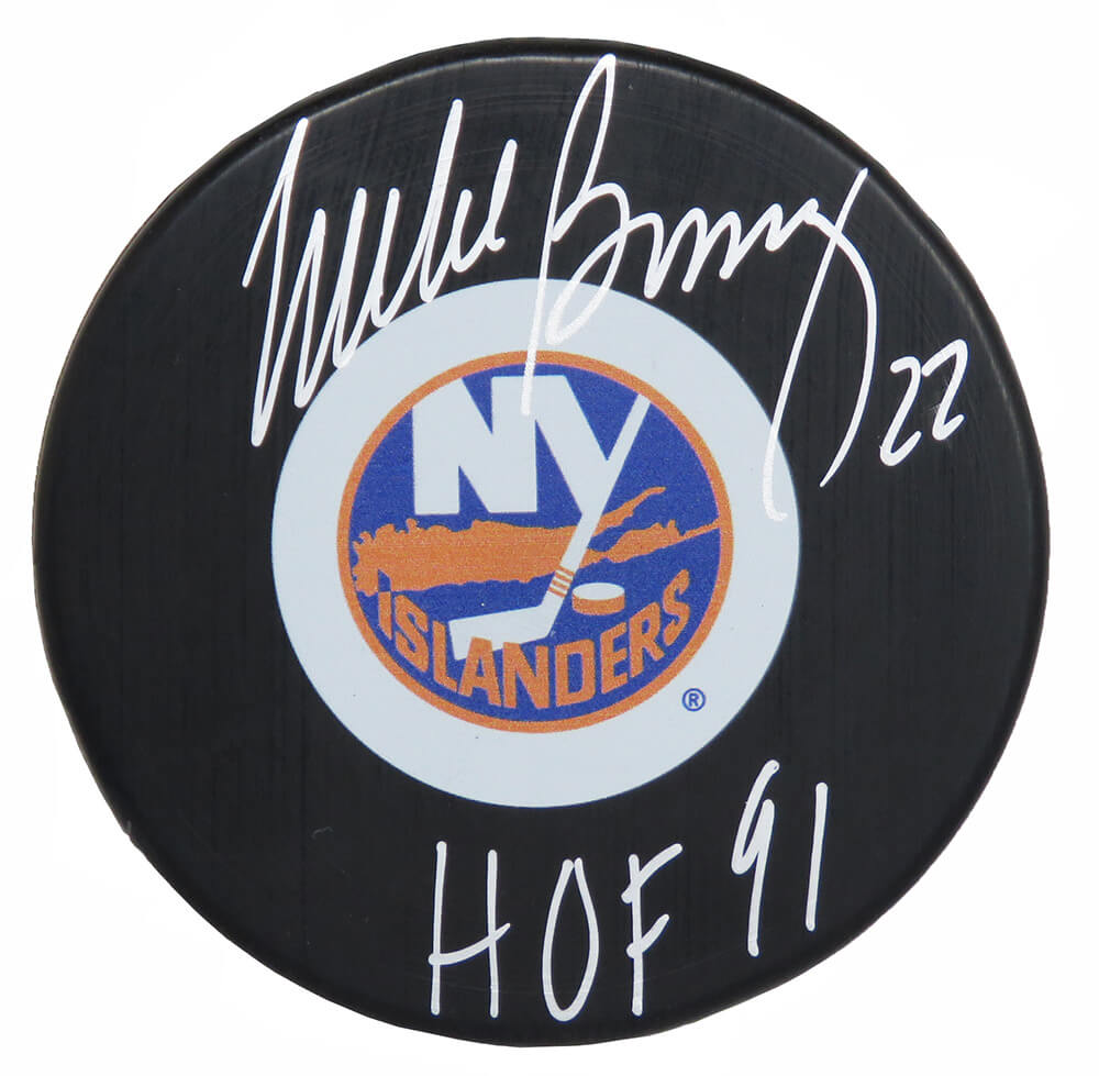 Mike Bossy Signed New York Islanders Large Logo Hockey Puck w/HOF'91
