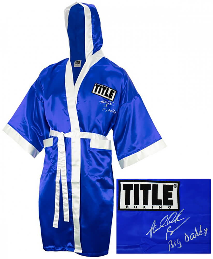 Riddick Bowe Signed Title Blue Boxing Robe w/Big Daddy