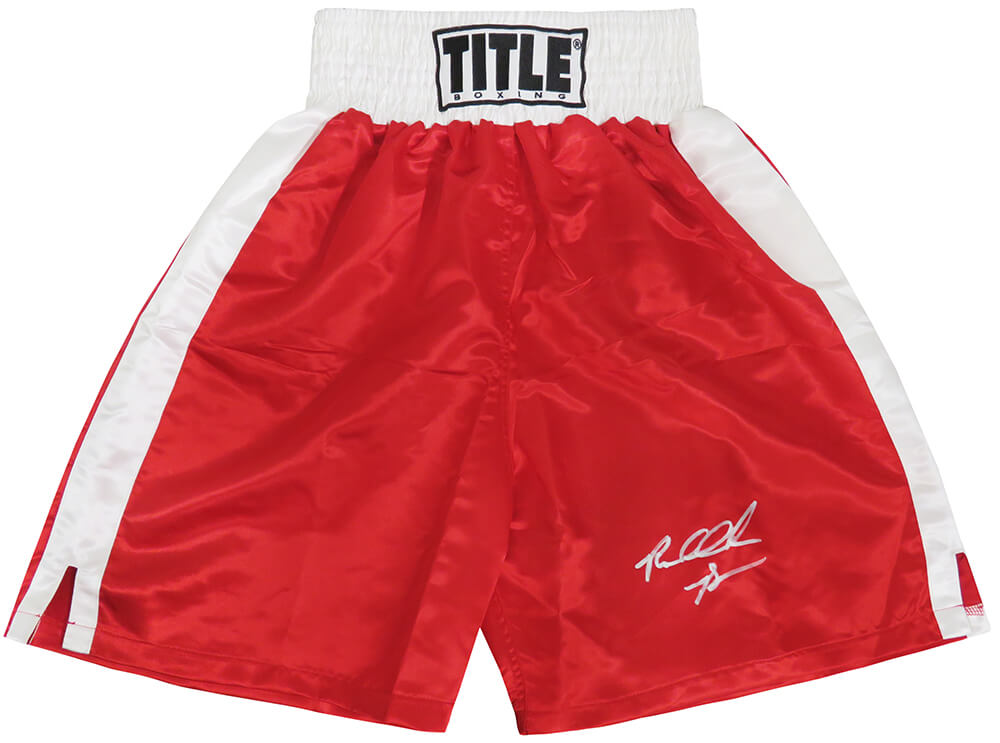 Riddick Bowe Signed Title Red & White Trim Boxing Trunks