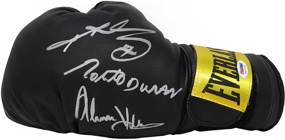 Sugar Ray Leonard, Roberto Duran and Thomas Hearns Triple Signed Everlast Black Boxing Glove (PSA/DNA)