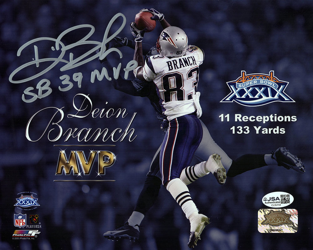 Deion Branch Signed New England Patriots Super Bowl 39 MVP 8x10 Photo w/SB 39 MVP - (JSA)