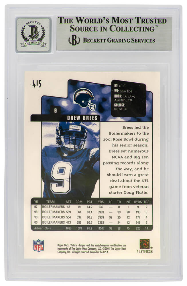 Drew Brees Signed Chargers 2001 Upper Deck Victory Rookie Football Card #415 - (Beckett / Auto Grade 10)