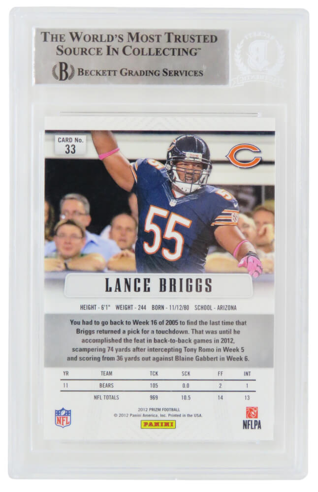 Lance Briggs Signed Chicago Bears 2012 Panini Prizm Football Trading Card #33 - (Beckett Encapsulated)