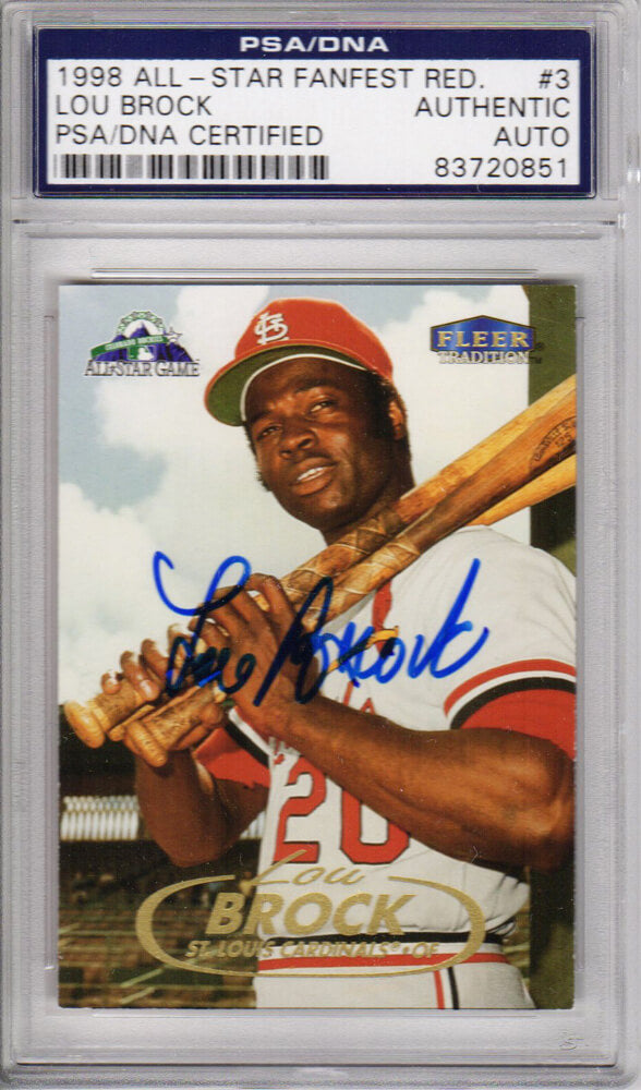 Lou Brock Signed St Louis Cardinals 1998 Fleer Tradition Trading Card #3 - (PSA Encapsulated)