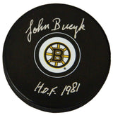 Johnny Bucyk Signed Boston Bruins Logo Hockey Puck w/HOF 1981