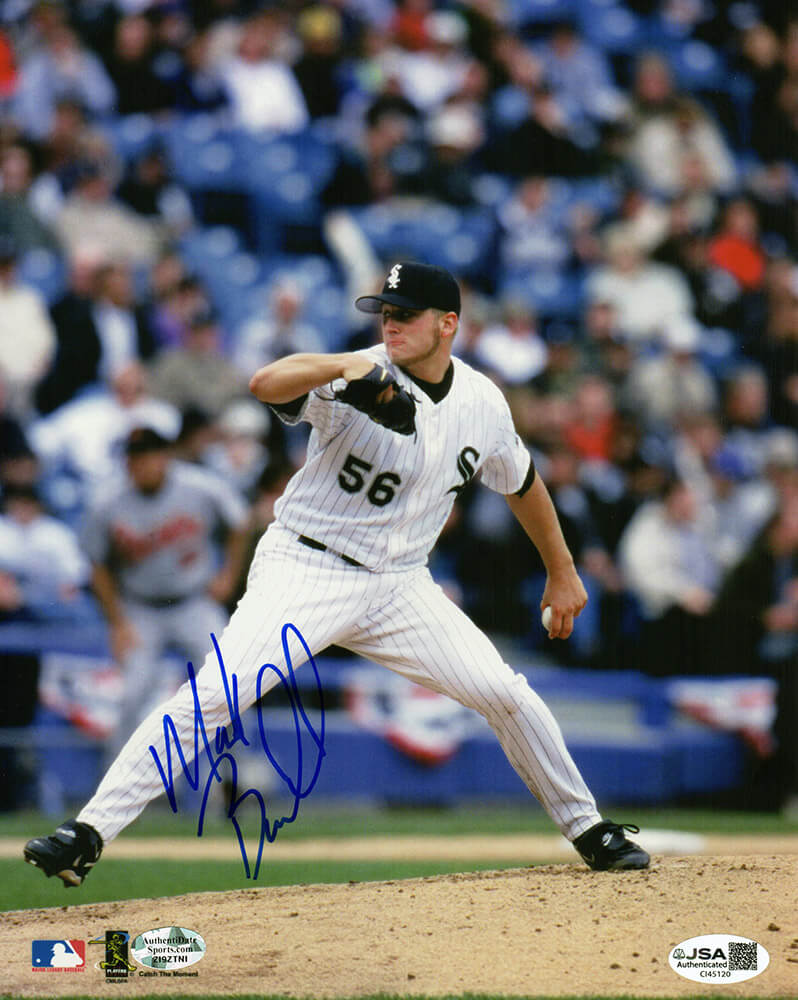 Mark Buehrle Signed Chicago White Sox White Pinstripe Jersey Pitching Action 8x10 Photo - (JSA)