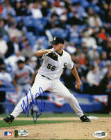Mark Buehrle Signed Chicago White Sox White Pinstripe Jersey Pitching Action 8x10 Photo - (JSA)