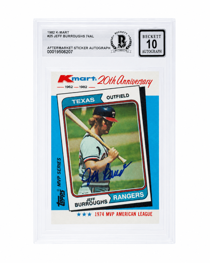Jeff Burroughs Signed Rangers 1982 Topps Kmart Baseball Trading Card #25 - (Beckett - Auto Sticker - Grade 10)