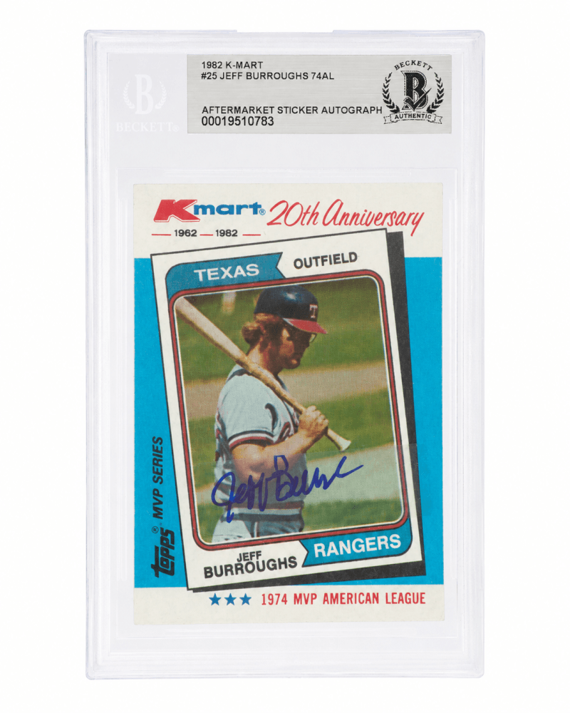 Jeff Burroughs Signed Rangers 1982 Topps Kmart Baseball Trading Card #25 - (Beckett - Auto Sticker)