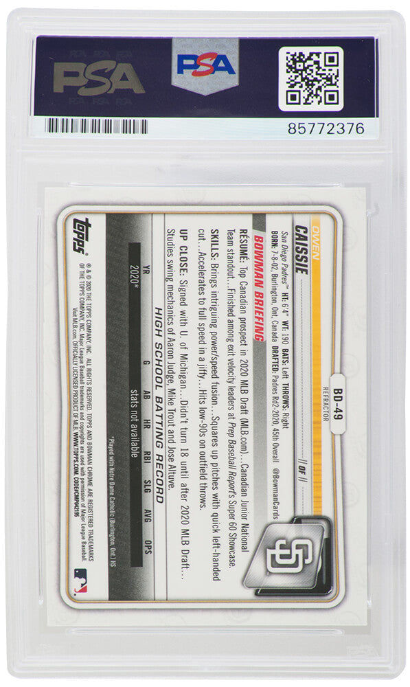 Owen Caissie Signed 2020 Bowman Draft Refractor Chrome Baseball Trading Card #BD-49 - (PSA Encapsulated)