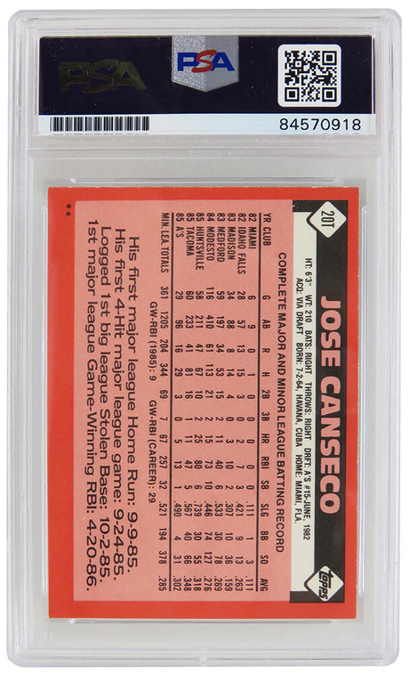 Jose Canseco Signed Oakland A's (Athletics) 1986 Topps Traded Baseball Rookie Card #20T - (PSA/DNA Encapsulated)