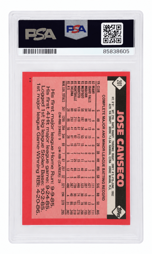 Jose Canseco Signed Oakland A's (Athletics) 1986 Topps Traded Rookie Baseball Card #20T - (PSA Encapsulated)