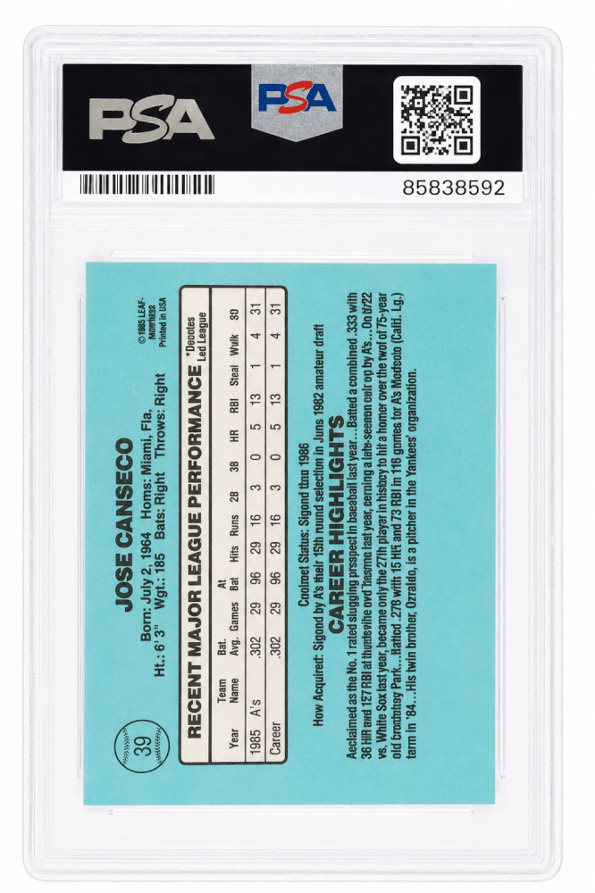 Jose Canseco Signed Oakland A's (Athletics) 1986 Donruss Rookie Baseball Card #39 w/86 AL ROY - (PSA Encapsulated)