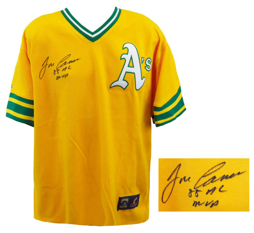 Jose Canseco Signed Oakland A's Yellow Throwback Majestic Replica Baseball Jersey w/88 AL MVP