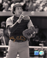 Gary Carter Signed Montreal Expos B&W Catching 8x10 Photo - (In Gold)