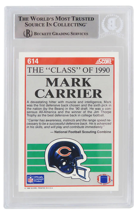 Mark Carrier Signed Chicago Bears 1990 Score Rookie Football Trading Card #614 - (Beckett Encapsulated)
