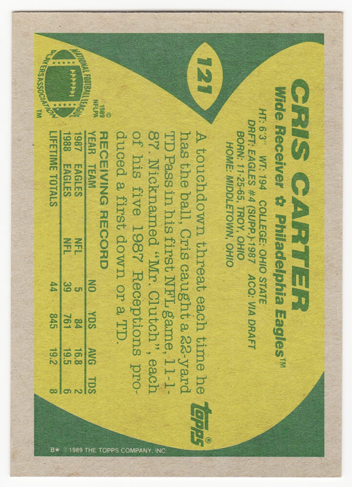 Cris Carter Signed Philadelphia Eagles 1989 Topps Football Rookie Card #121