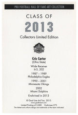 Cris Carter Signed Minnesota Vikings Hall of Fame Goal Line Art Card