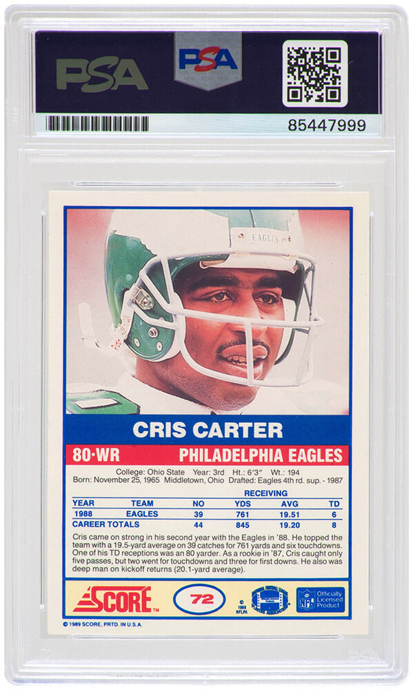Cris Carter Signed Eagles 1989 Score Football Rookie Trading Card #73 (PSA Encapsulated)