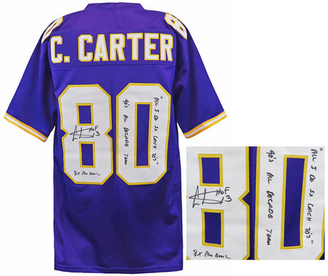 Cris Carter Signed Purple Custom Football Jersey w/HOF, All-Decade, Catch TD's, Pro Bowl