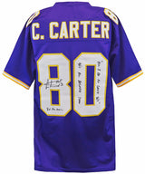 Cris Carter Signed Purple Custom Football Jersey w/HOF, All-Decade, Catch TD's, Pro Bowl