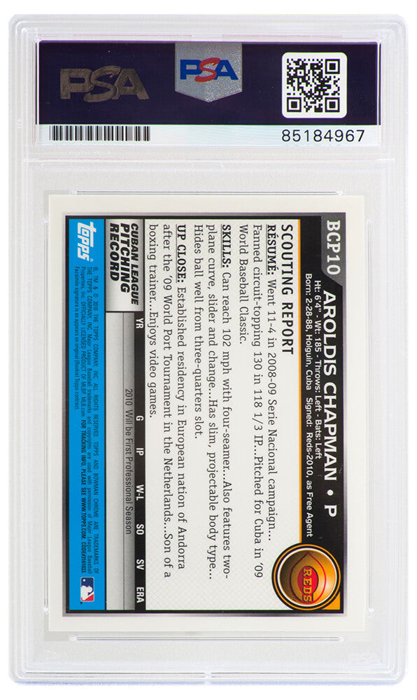 Aroldis Chapman Signed Reds 2010 Bowman Chrome Prospects Rookie Baseball Trading Card #BCP10 - (PSA Encapsulated)