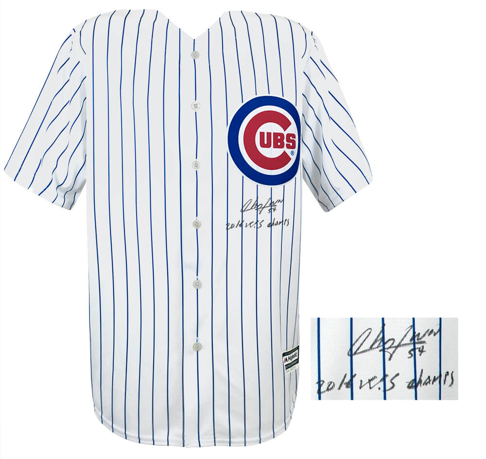 Aroldis Chapman Signed Chicago Cubs White Pinstripe Majestic Replica Baseball Jersey w/16 WS Champs