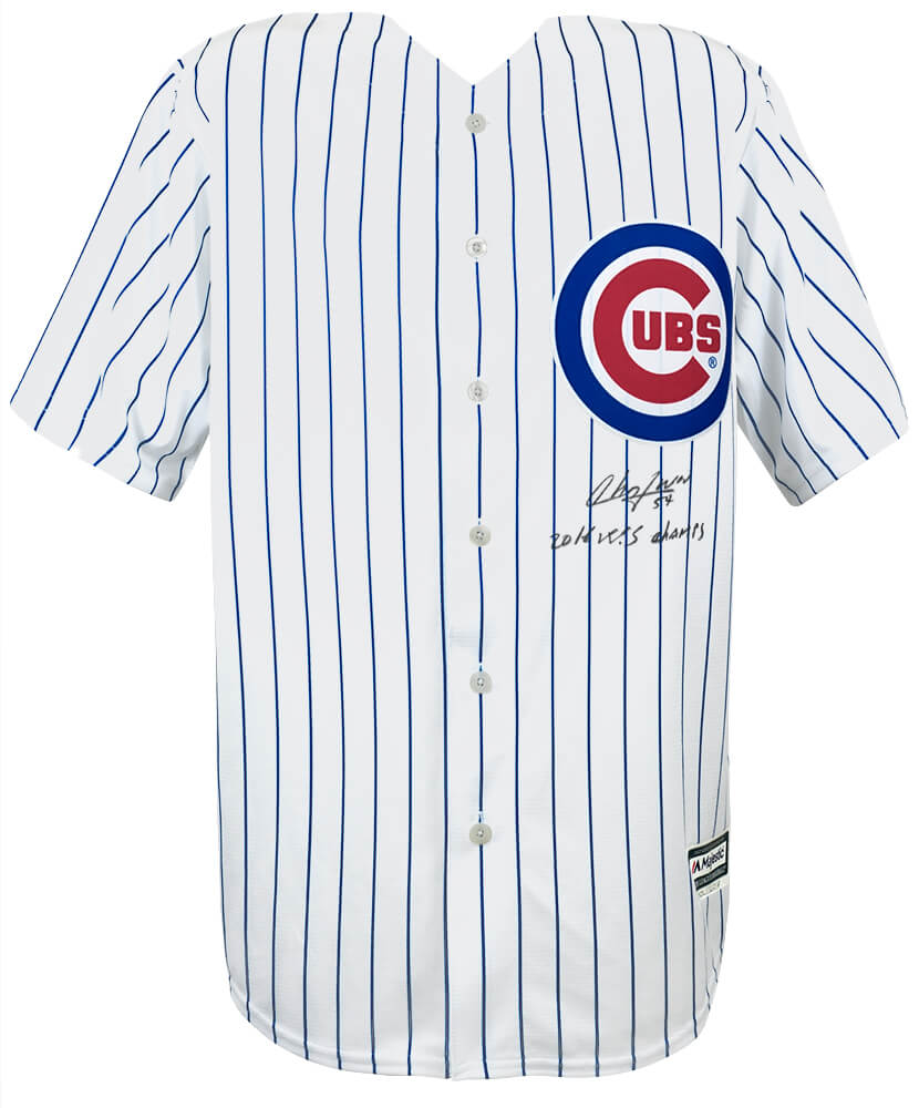 Aroldis Chapman Signed Chicago Cubs White Pinstripe Majestic Replica Baseball Jersey w/16 WS Champs