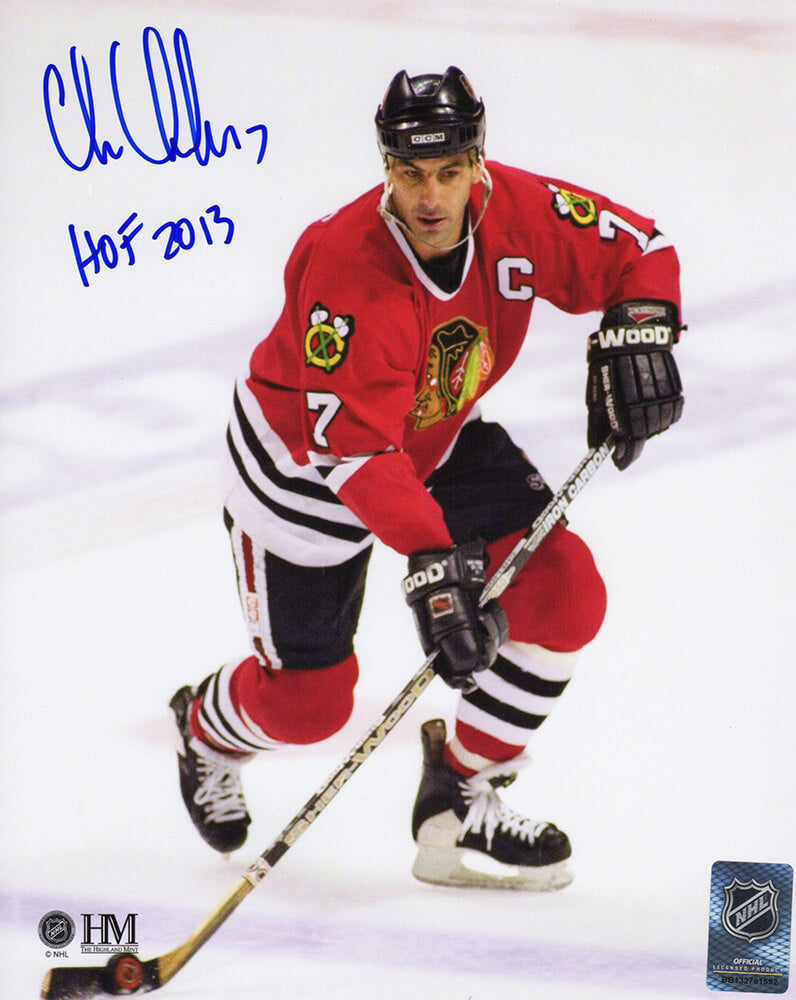 Chris Chelios Signed Blackhawks With Puck Action 8x10 Photo w/HOF 2013 (In Blue)