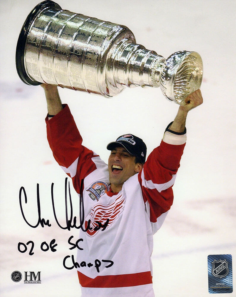 Chris Chelios Signed Detroit Red Wings Holding Stanley Cup 8x10 Photo w/02, 08 SC Champs