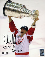 Chris Chelios Signed Detroit Red Wings Holding Stanley Cup 8x10 Photo w/02, 08 SC Champs