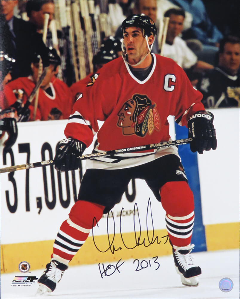 Chris Chelios Signed Chicago Blackhawks Red Jersey Action 16x20 Photo w/HOF 2013