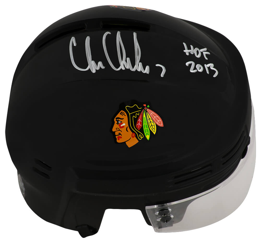 Chris Chelios Signed Blackhawks Black Hockey Mini Helmet w/HOF 2013