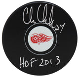 Chris Chelios Signed Red Wings Logo Hockey Puck w/HOF 2013
