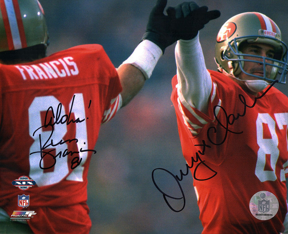 Dwight Clark & Russ Francis Signed San Francisco 49ers High Five 8x10 Photo w/Aloha