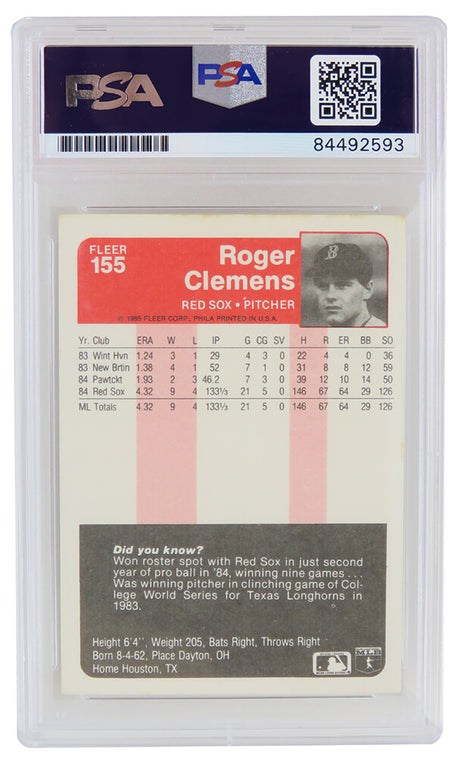 Roger Clemens Signed Boston Red Sox 1985 Fleer Rookie Baseball Card #155 (PSA/DNA Encapsulated - Auto Grade 10)