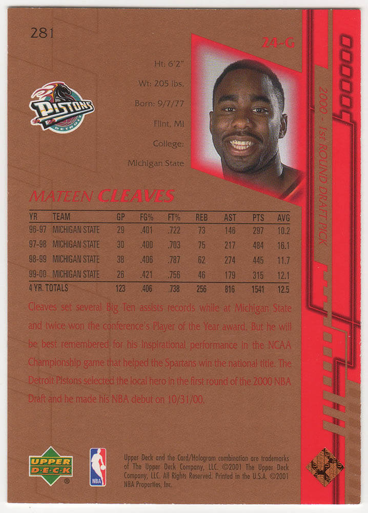 Mateen Cleaves Signed Detroit Pistons 2000-01 Upper Deck Rookie Basketball Card #281